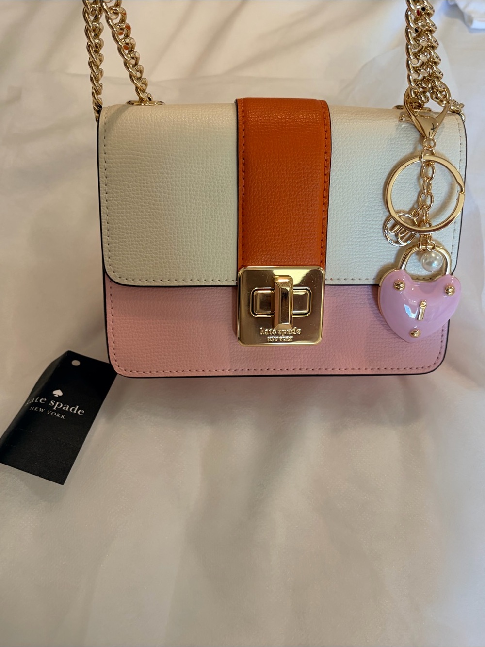 kate spade Colorblock Leather Crossbody in Cream, Orange & Pink with Heart Charm
